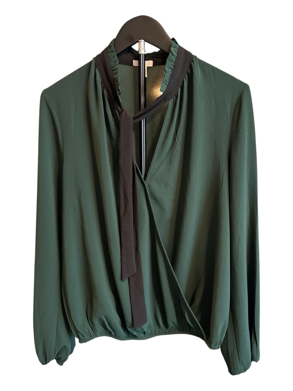 bp Green Long-Sleeve Tie-Neck Blouse with Black Accent